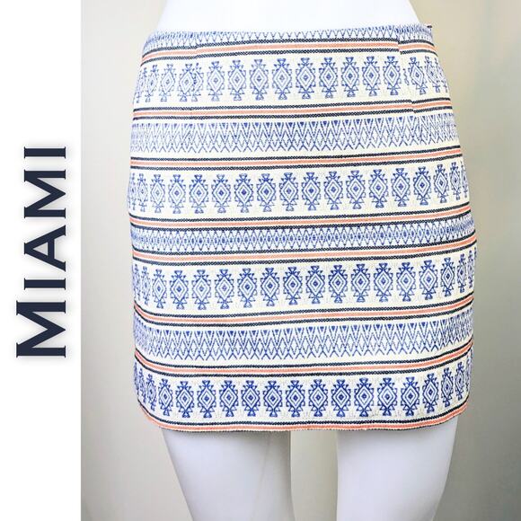Miami Mini Skirt Small Blue Cream Orange Aztec Geometric Cotton Woven Lined - Picture 1 of 9